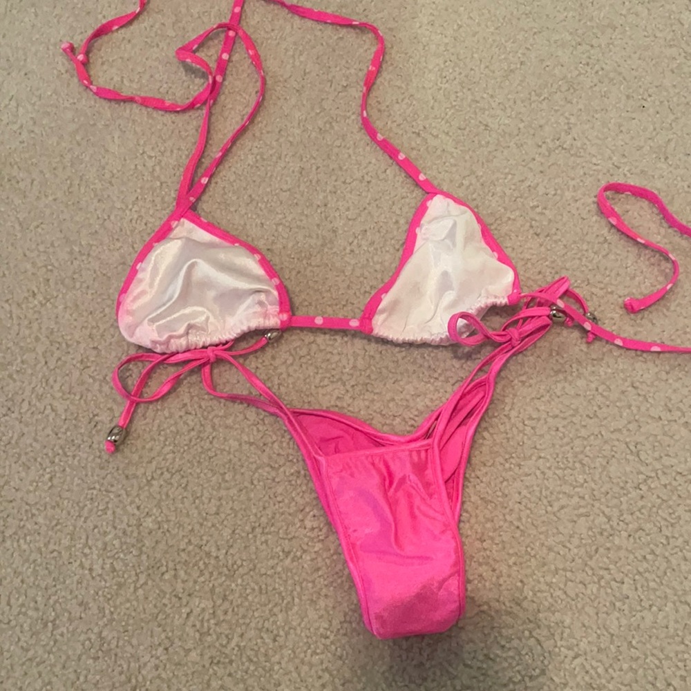 Hot pink and white polka dot bikini